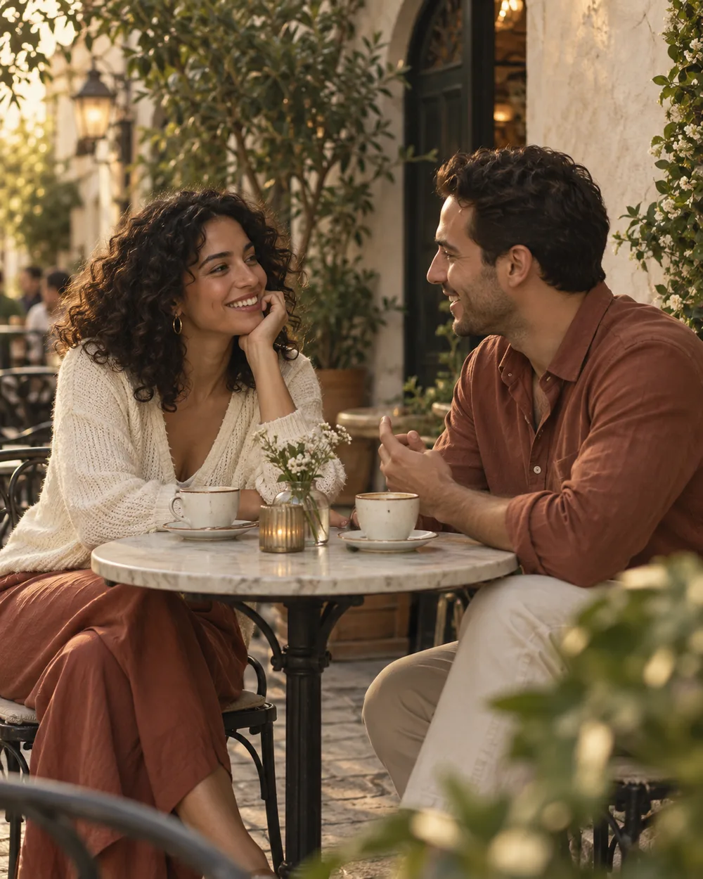 Two people enjoying a conversation over coffee on a leafy café terrace